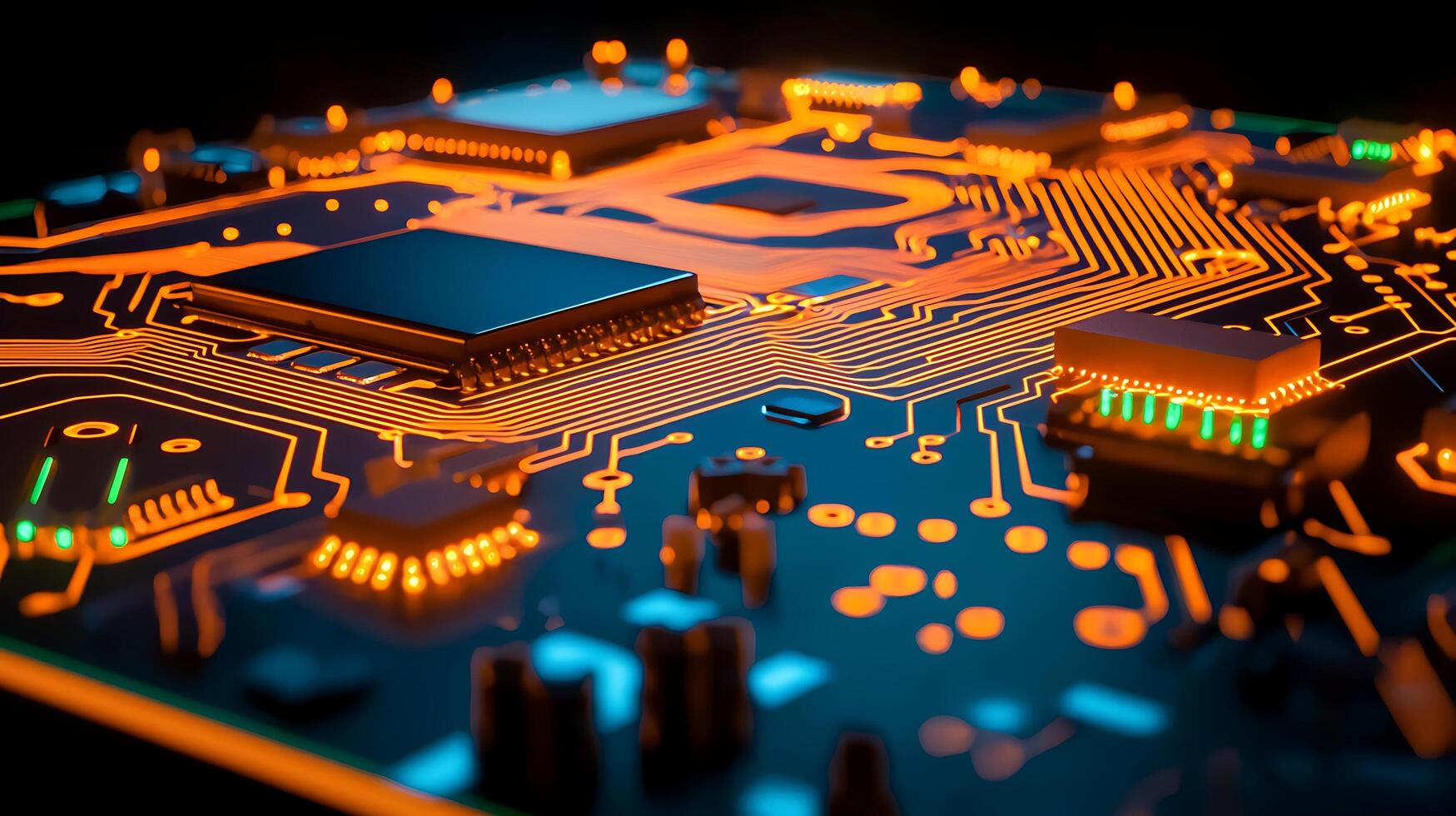 Close-up view of a glowing circuit board showcasing intricate electronic components and connections photo