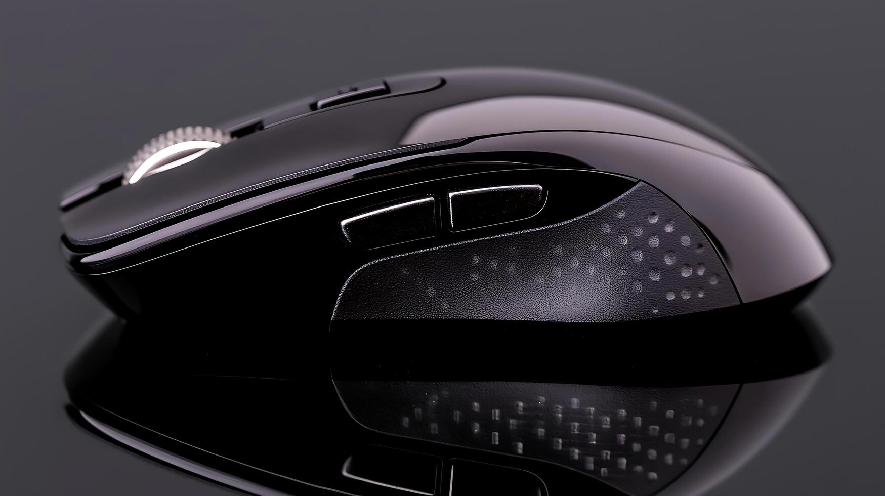 Close-up view of a sleek black gaming mouse showcasing its ergonomic design and features photo