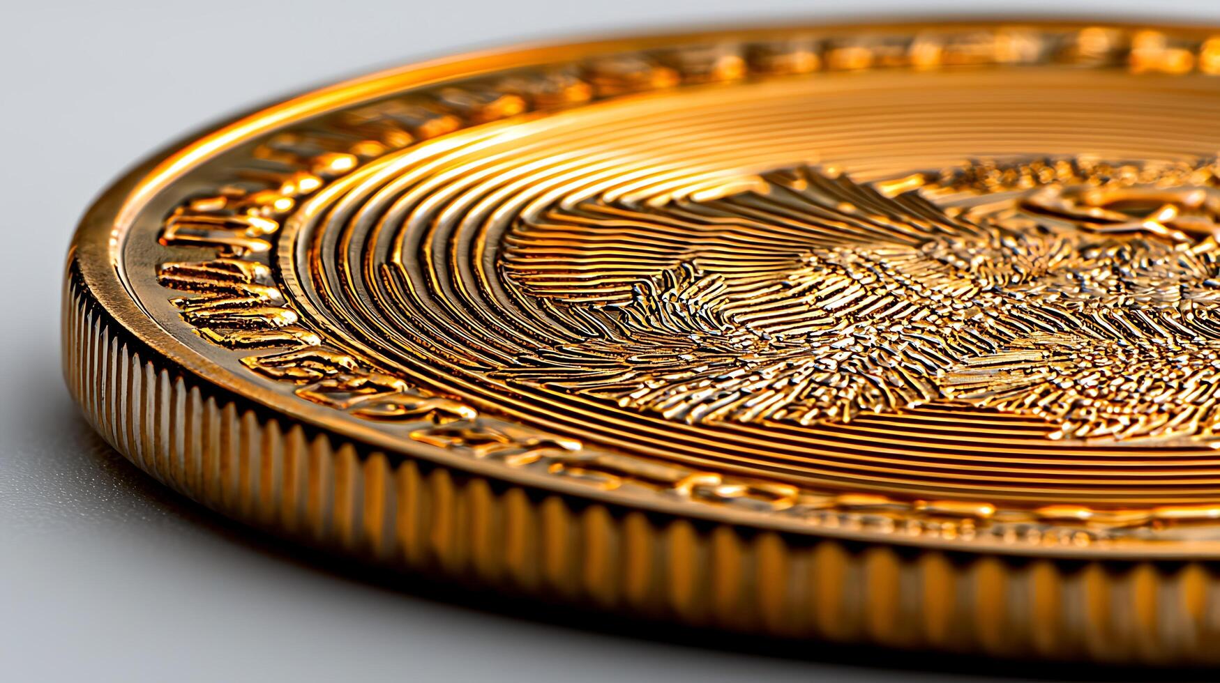 Close-up view of a shiny gold coin showcasing intricate designs and textures photo