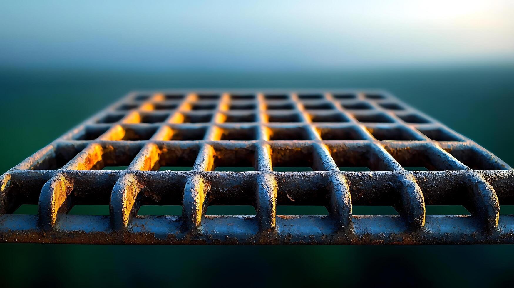 Close-up view of a textured metal grid with sunlight highlighting its surface against a blurred background photo