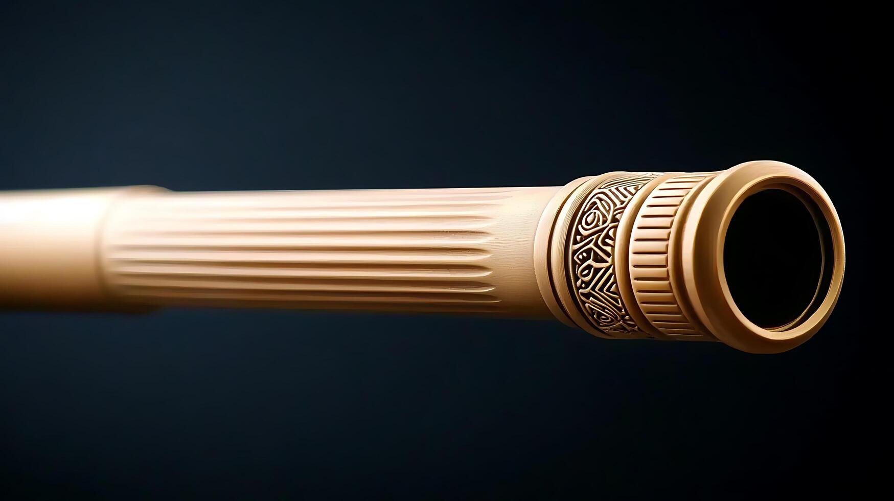 Close-up view of an ornate telescope barrel showcasing intricate designs against a dark background photo