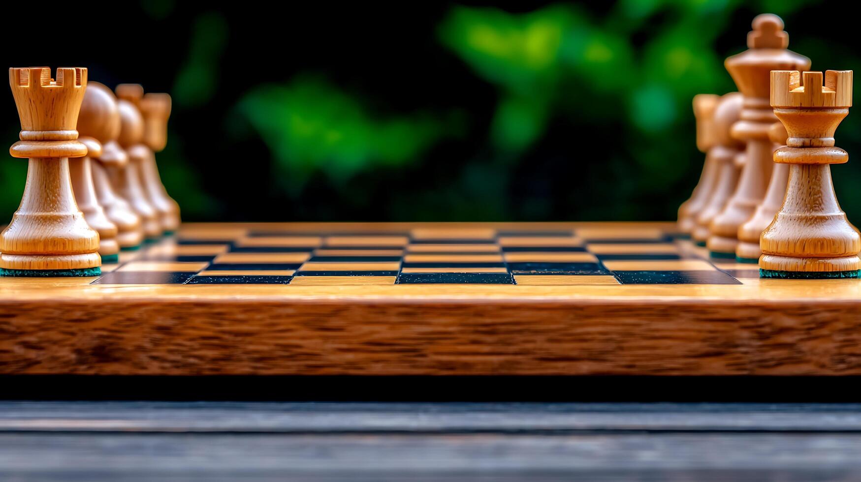 Close-up view of a wooden chessboard with pieces arranged, surrounded by a blurred green background photo