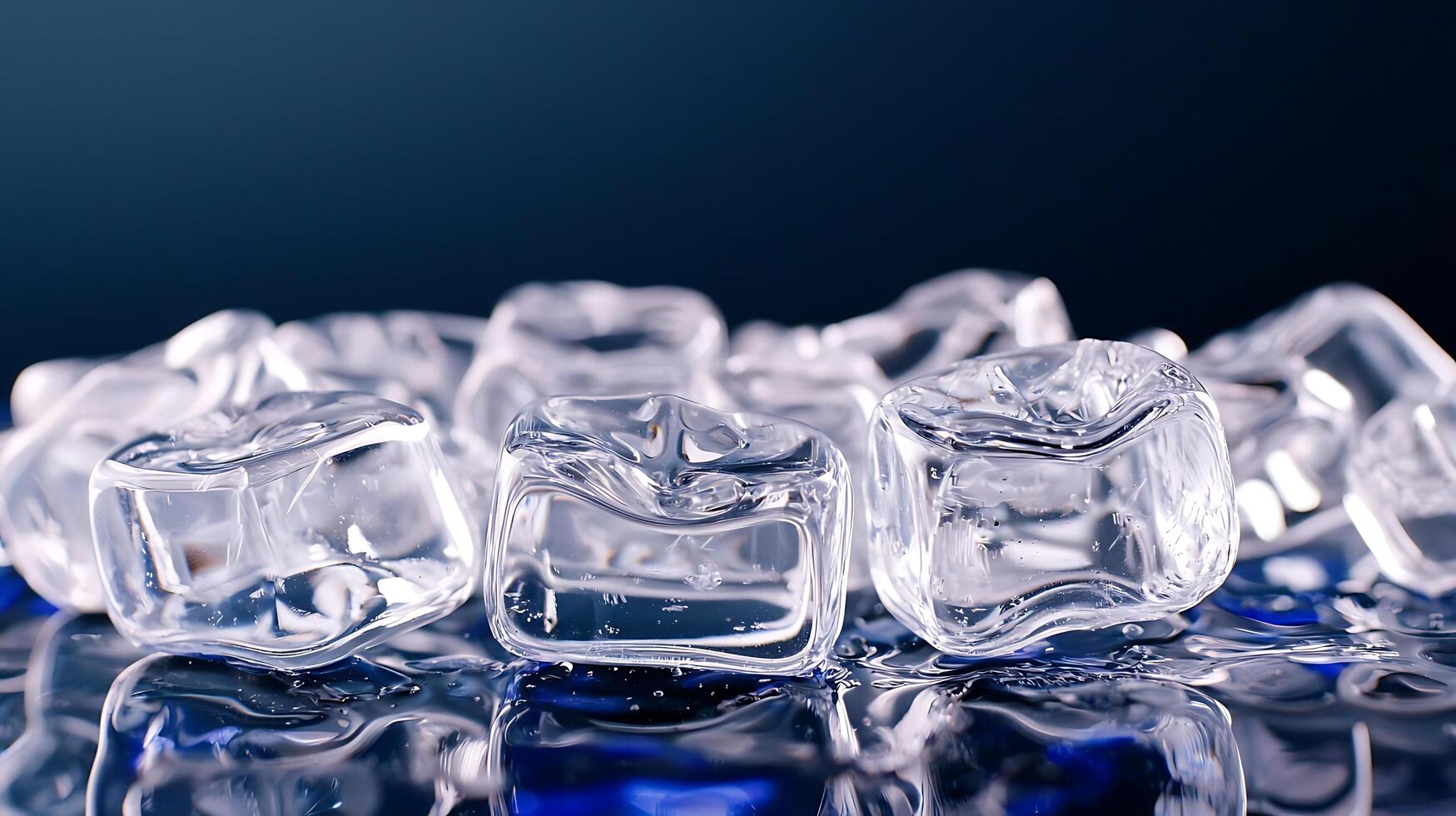 Close-up view of clear ice cubes on a reflective surface with a dark blue background, ideal for beverage themes photo