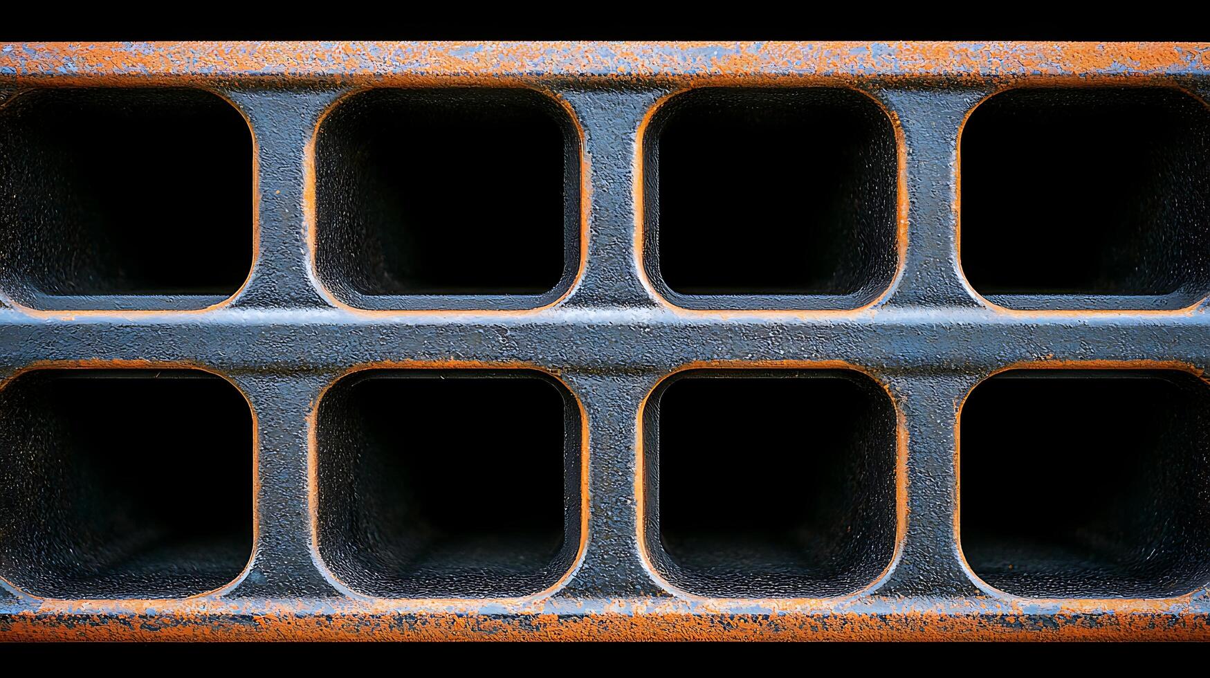 Close-up view of a weathered metal grid with rust, showcasing its texture and structure photo
