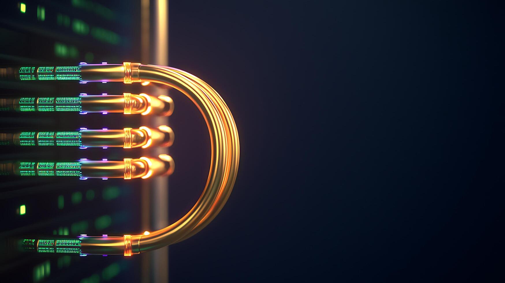 Close-up view of glowing data cables connecting to a server in a dark, high-tech environment photo