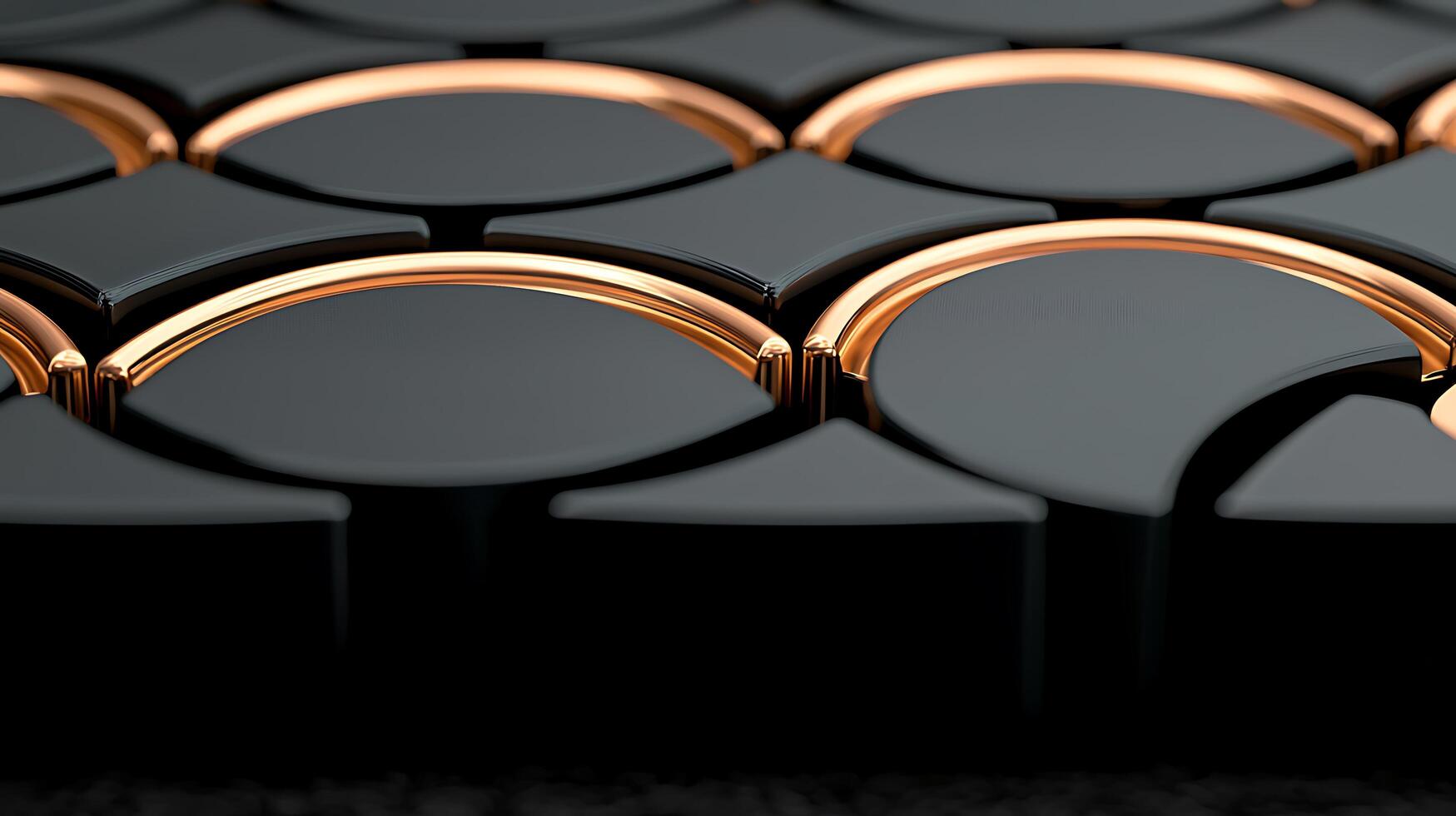 Close-up view of interlocking black and gold geometric patterns on a textured surface photo