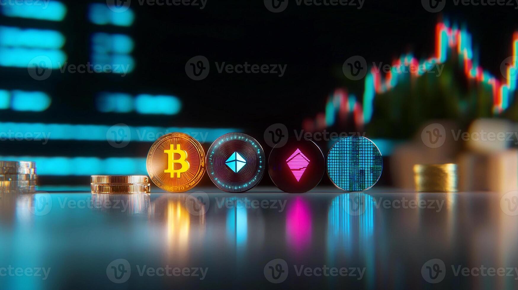 Close-up view of cryptocurrency coins on a table with a digital trading chart in the background photo