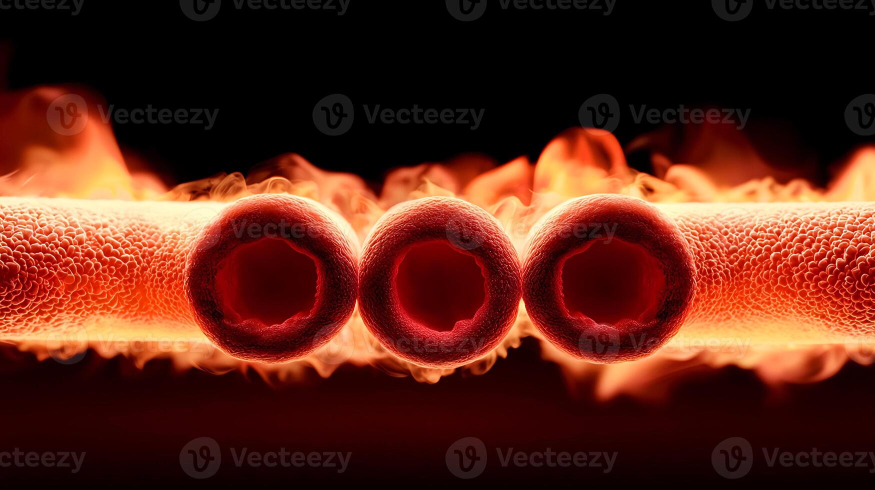 Close-up view of glowing red blood cells amidst swirling flames, illustrating dynamic biological processes photo