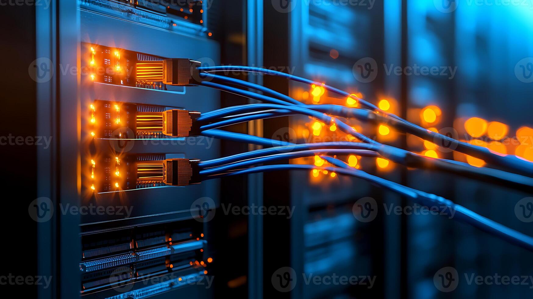 Close-up view of illuminated server connections in a data center with glowing cables photo