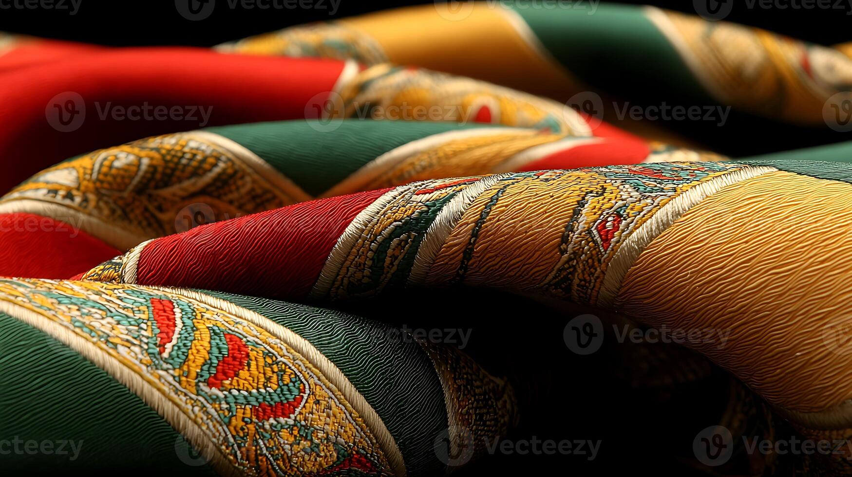 Close-up view of intricately patterned fabric with vibrant colors and textures, showcasing craftsmanship photo