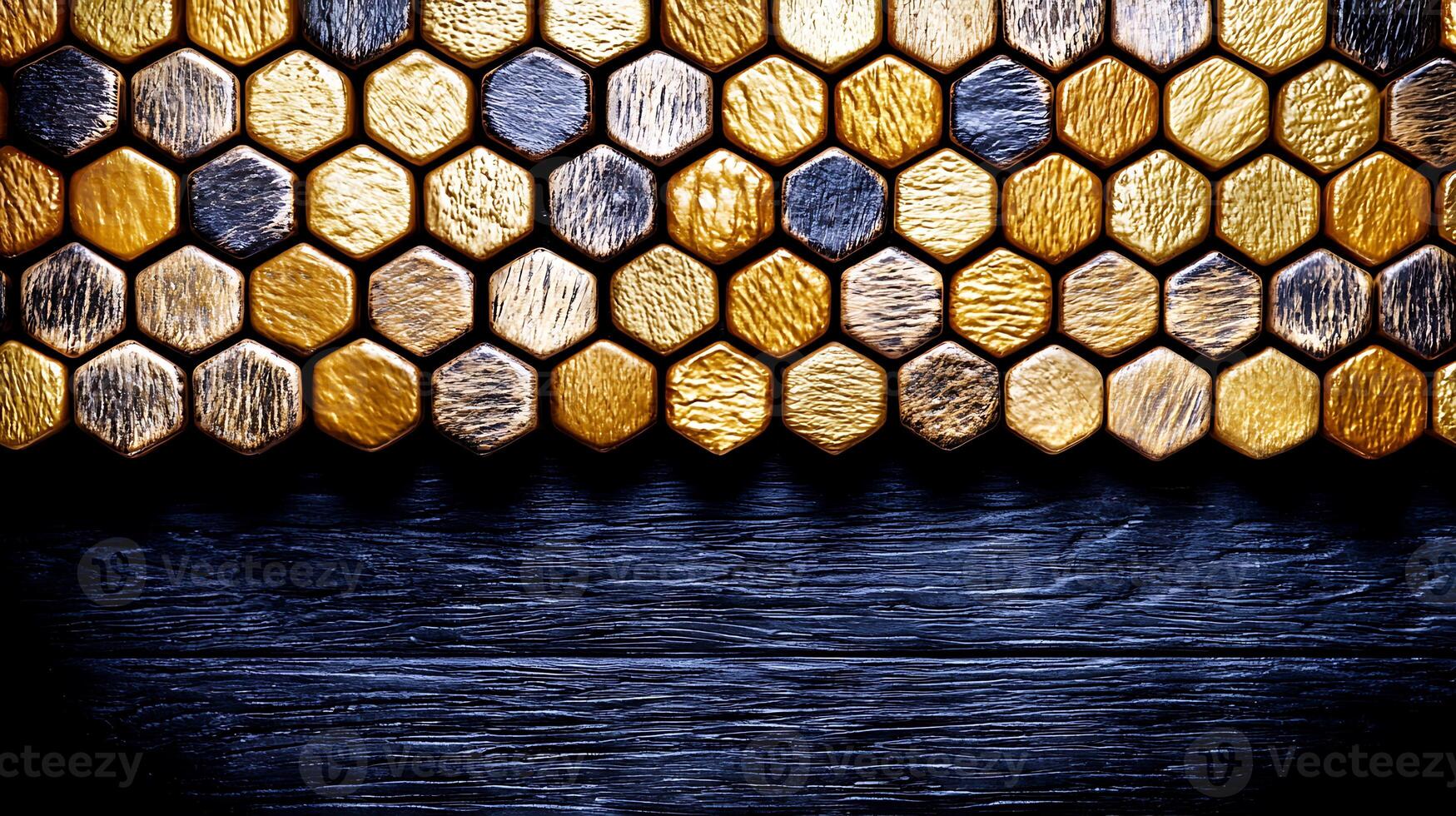 Close-up view of hexagonal wooden tiles in gold and black, creating a textured wall design photo