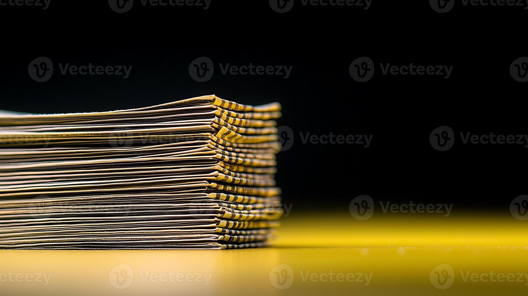 Close-up view of neatly stacked magazines on a vibrant yellow surface with a dark background photo