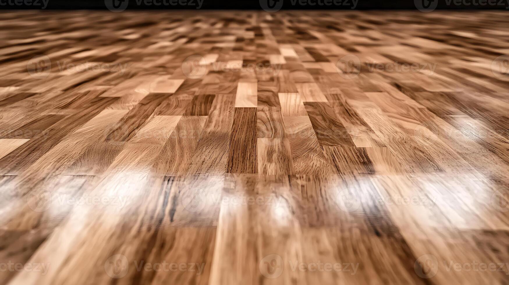Close-up view of polished wooden floor with reflections, showcasing texture and design elements photo