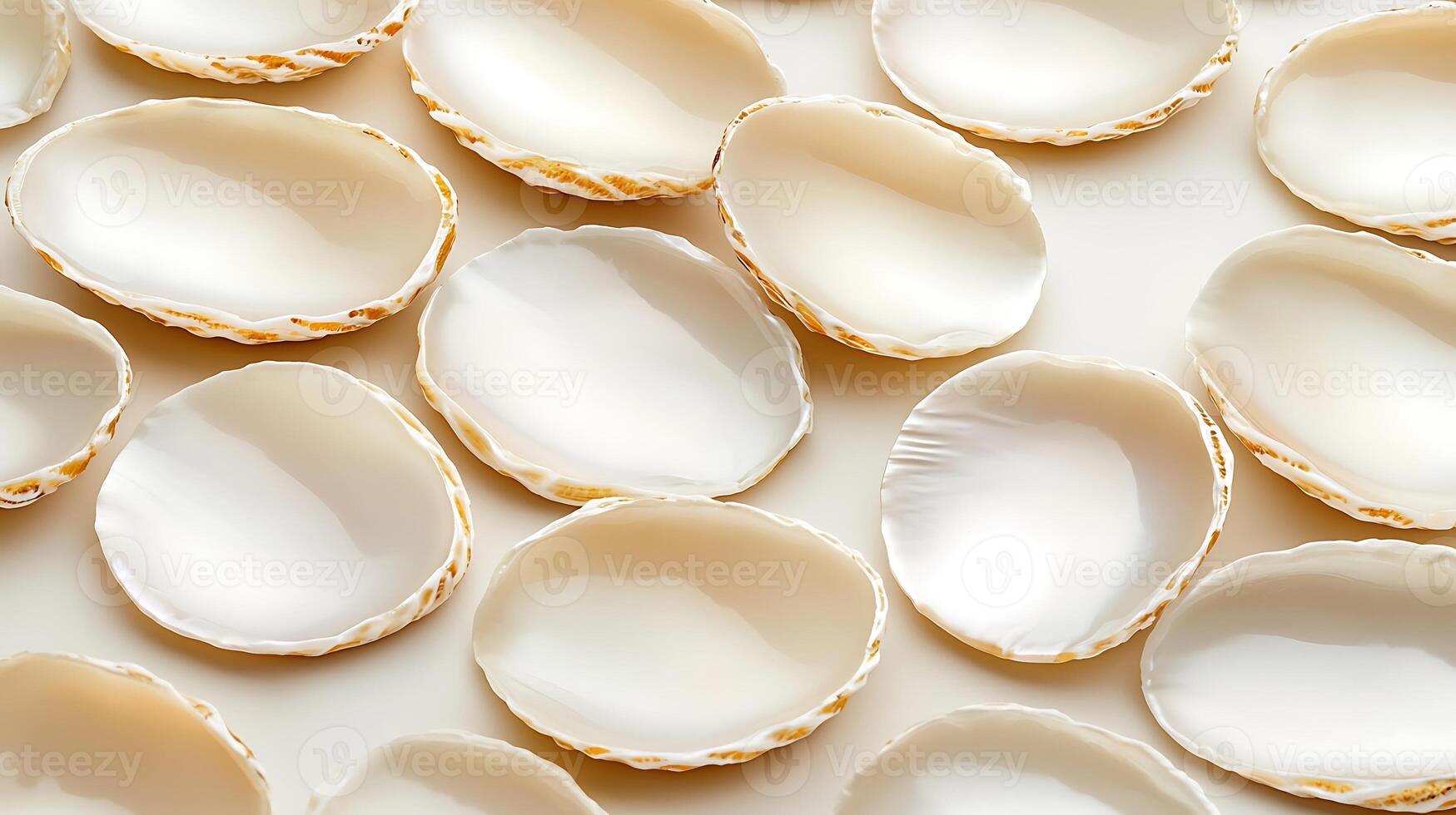 Close-up view of pristine seashells arranged neatly on a light surface, showcasing natural beauty photo