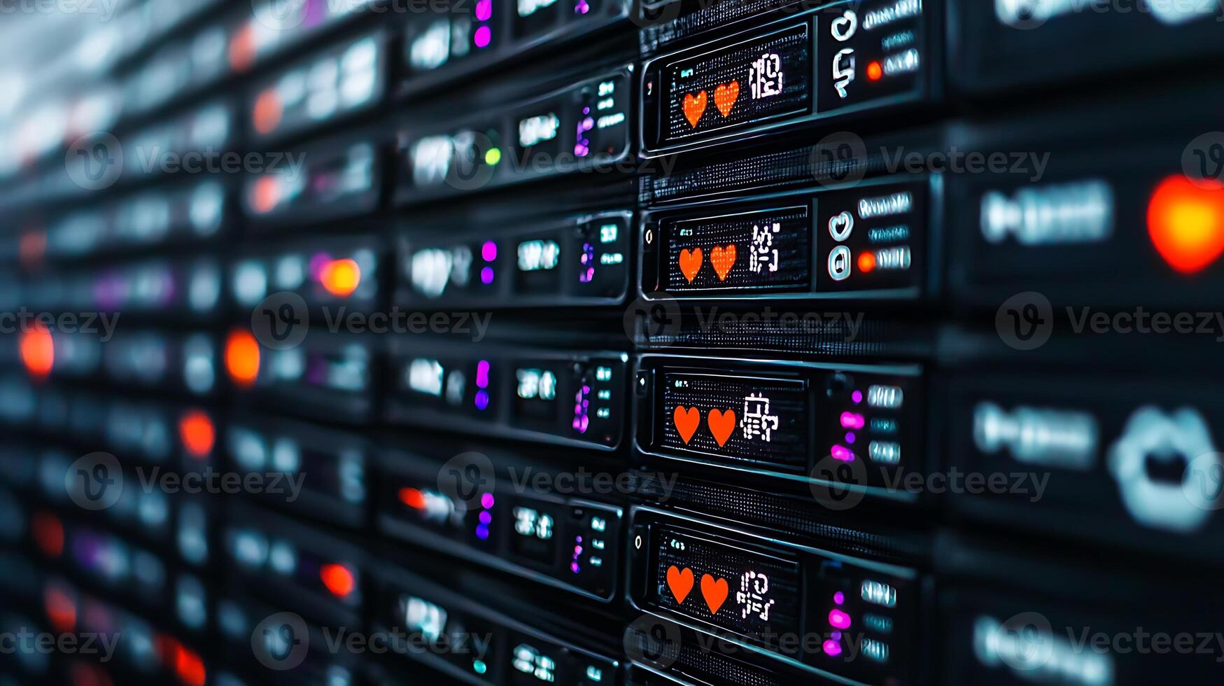 Close-up view of server racks displaying LED indicators in a tech environment, showcasing data activity photo