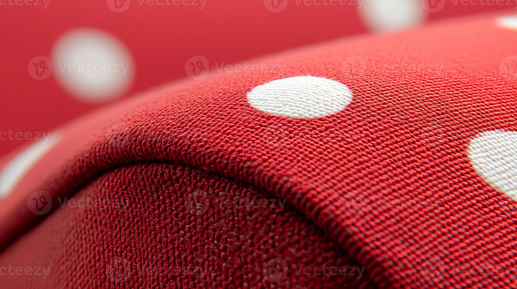 Close-up view of textured red fabric with white polka dots, showcasing its smooth surface and pattern photo