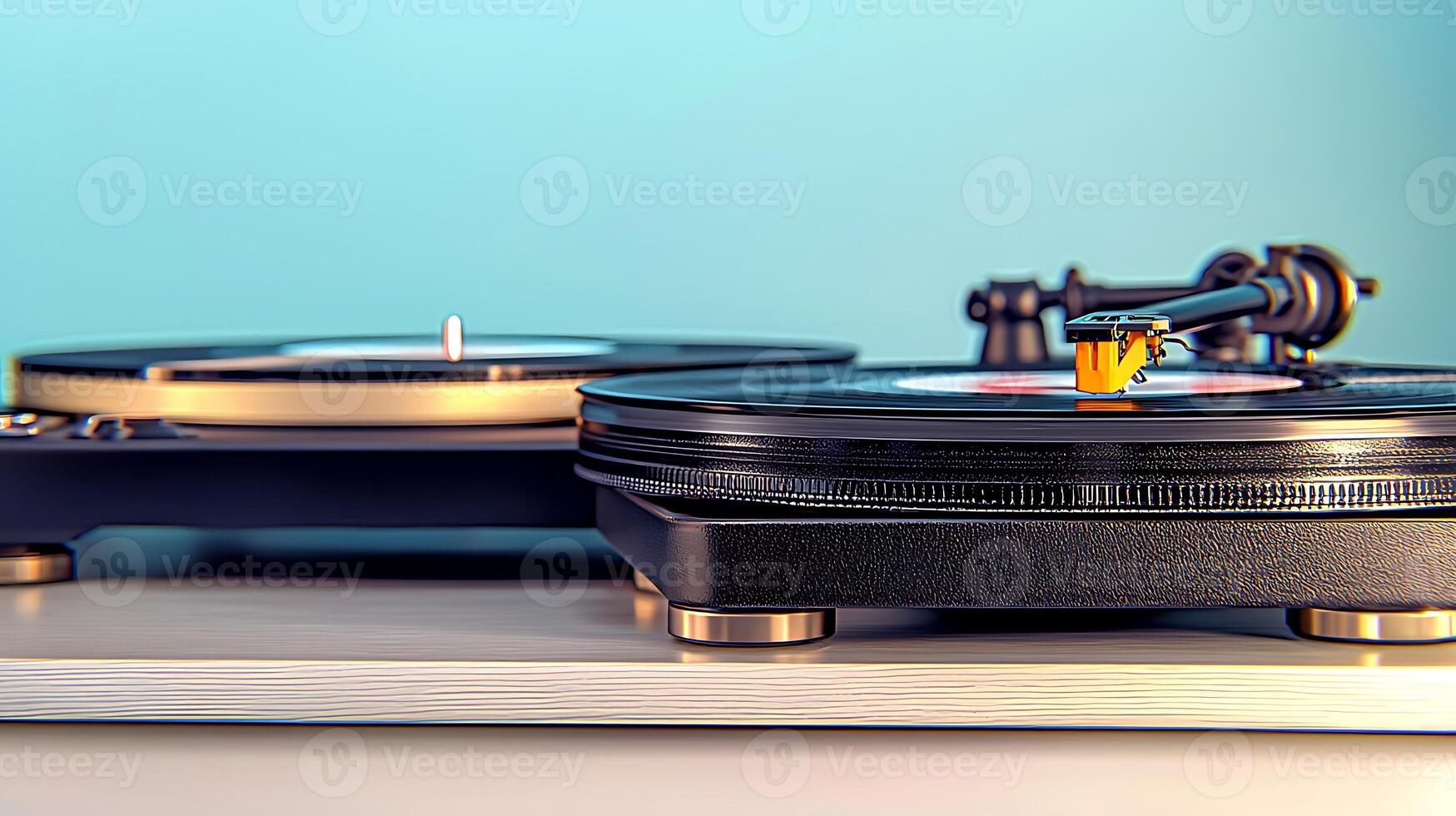 Close-up view of two turntables playing vinyl records on a stylish wooden surface with a soft background photo