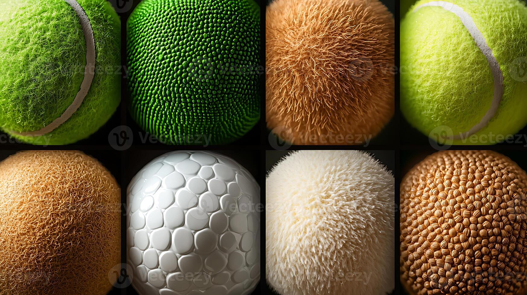 Close-up view of various textured balls, showcasing unique surfaces and colors for sports and design photo