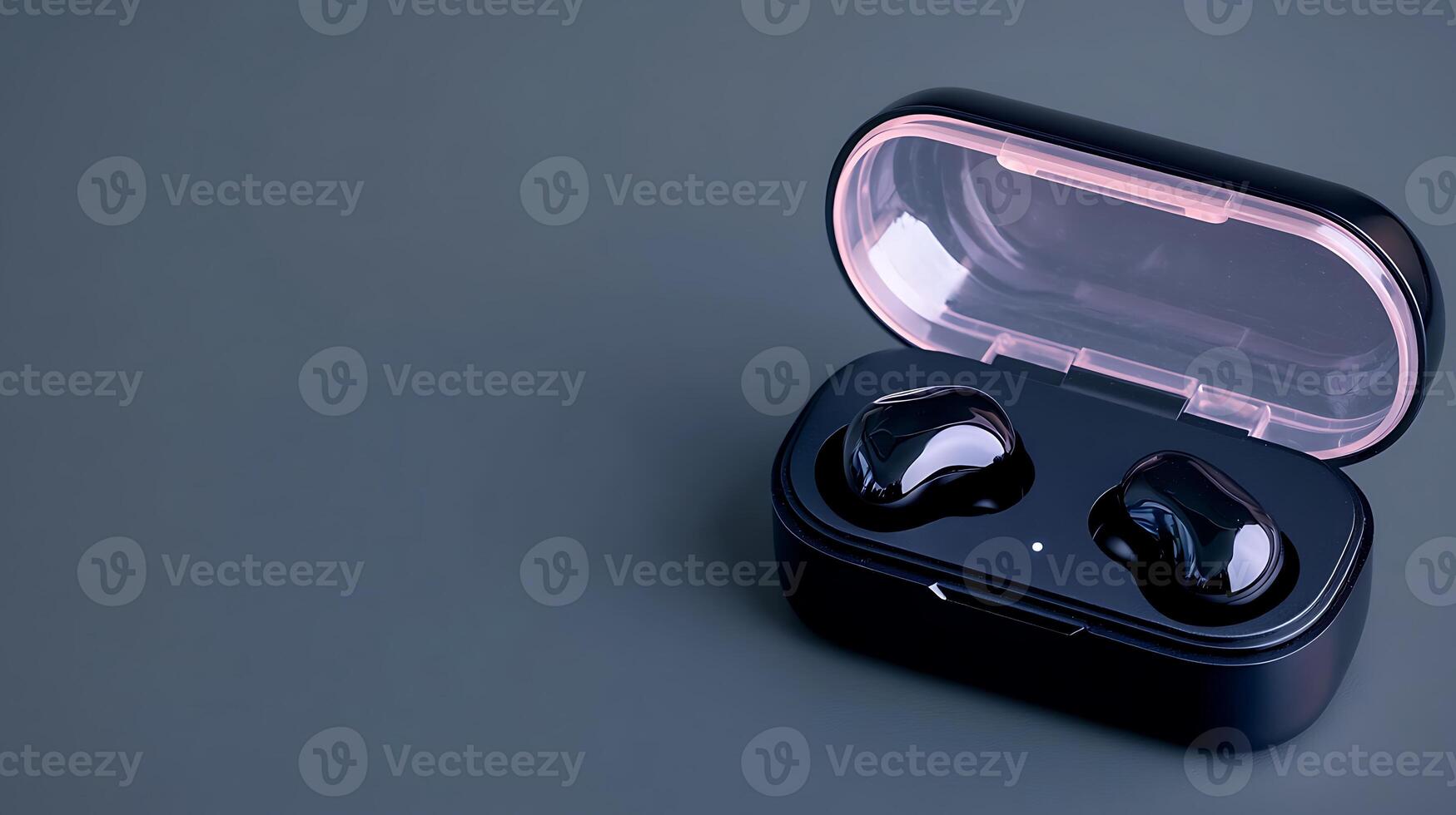 Close-up view of wireless earbuds in a sleek charging case on a minimalist surface photo