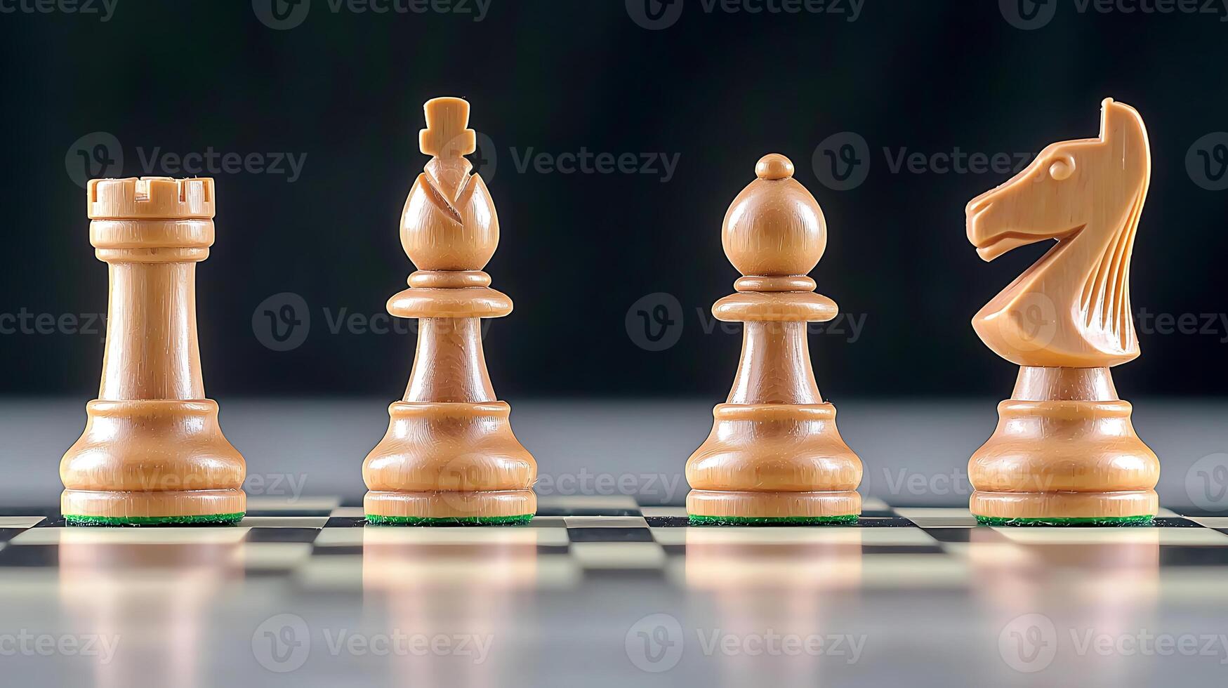 Close-up view of wooden chess pieces arranged strategically on a chessboard, with a blurred background photo