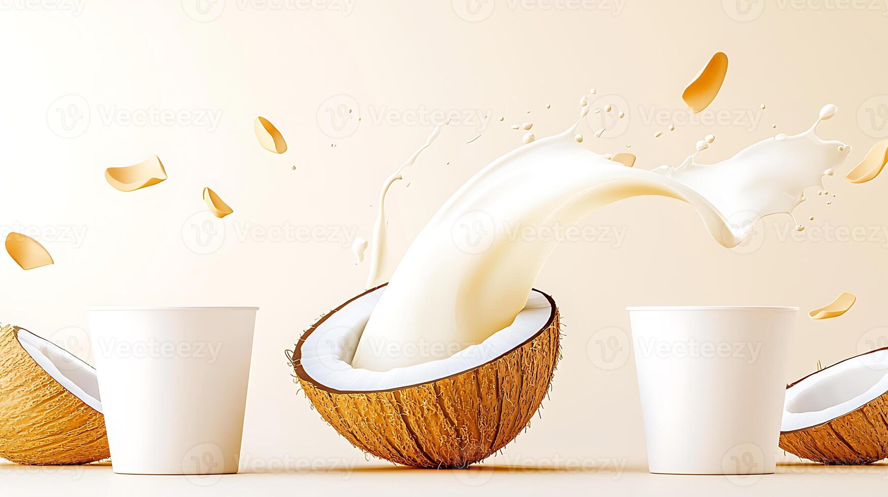 Coconut halves with milk splashing into white cups against a soft beige background photo
