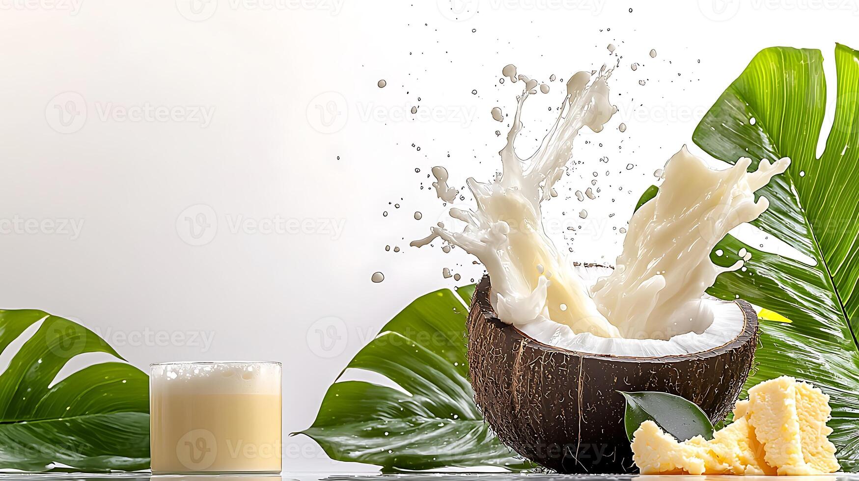 Coconut milk splashes from a cracked coconut while a glass of milk sits nearby on green leaves photo