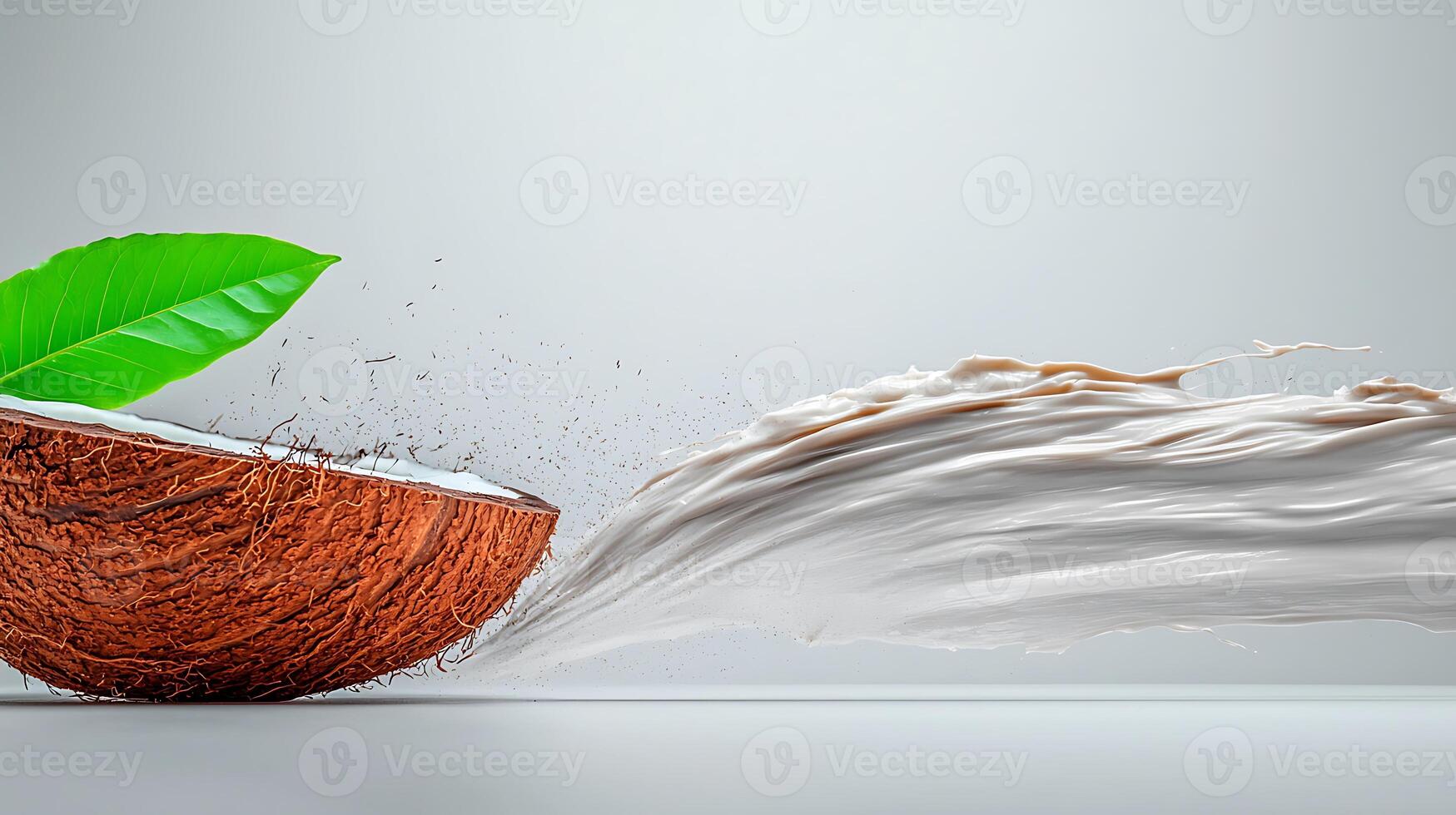 Coconut half splashing milk with green leaves on a minimalist background, showcasing freshness photo