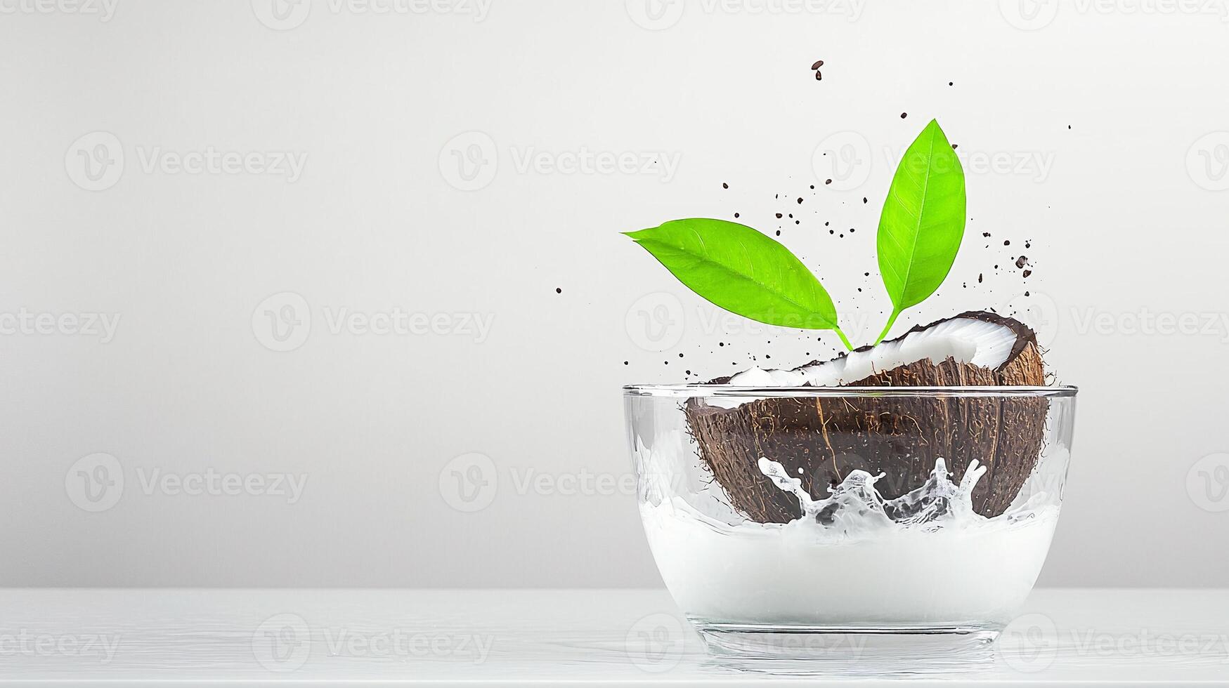 Coconut half splashing into a bowl of milk with green leaves, creating a refreshing scene photo