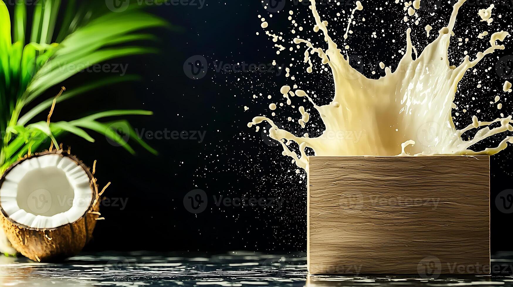 Coconut splashing into a wooden box with tropical leaves in the background, creating a refreshing scene photo