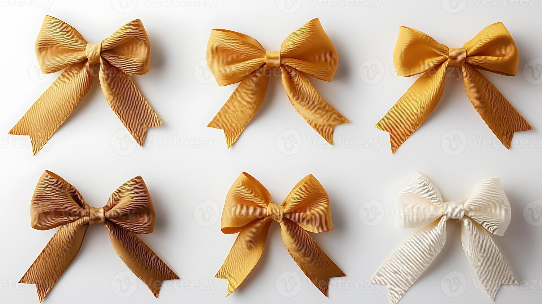 Collection of elegant golden and cream bows arranged symmetrically on a white background photo