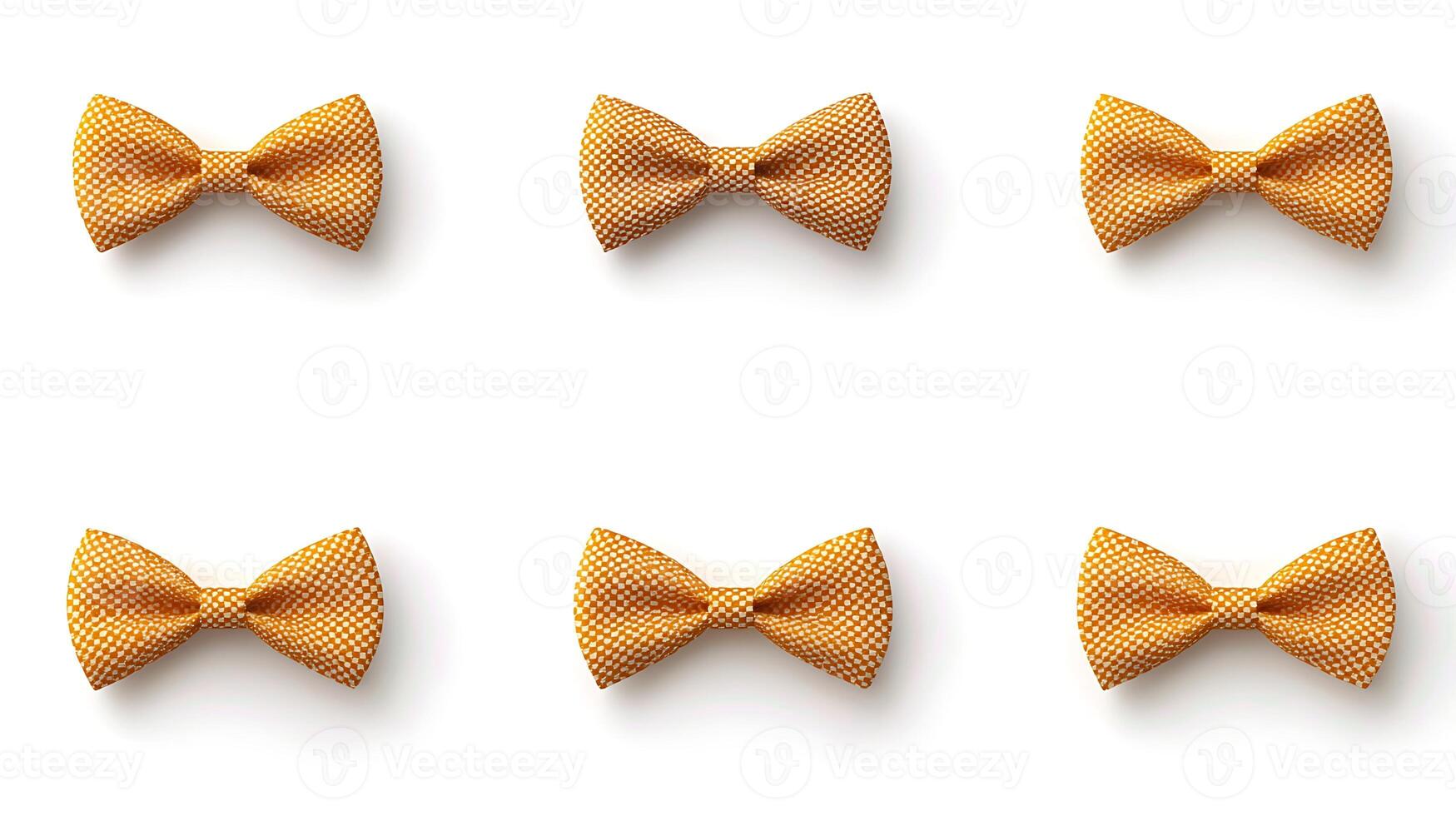 Collection of six textured yellow bow ties arranged symmetrically on a white background photo