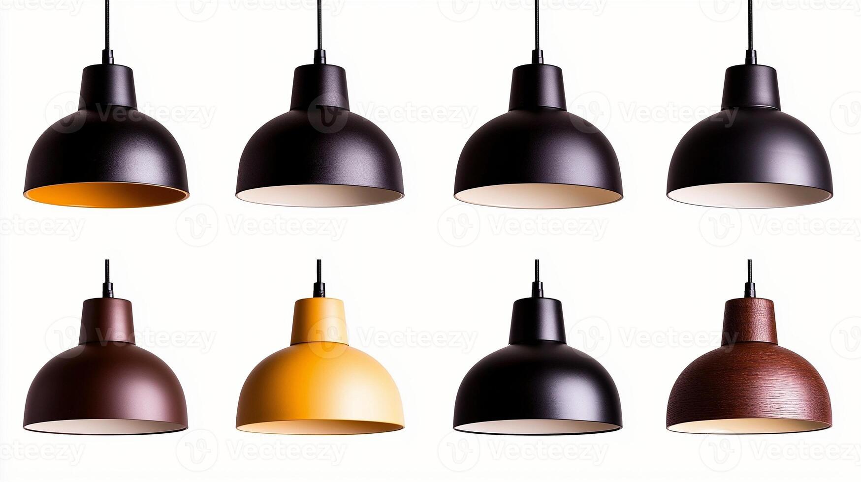 Collection of stylish pendant lamps in various colors and designs, showcasing modern lighting aesthetics photo