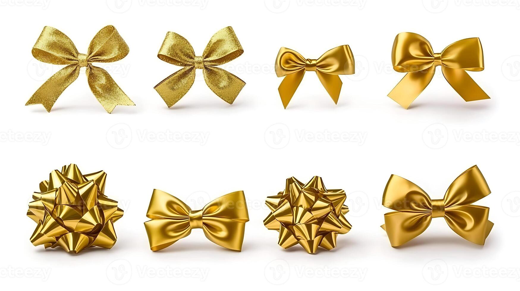 Collection of various gold ribbon bows and decorative accents for gift wrapping and celebrations photo