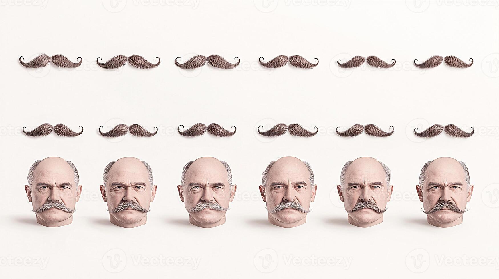 Collection of stylized mustaches paired with identical male heads on a plain background photo