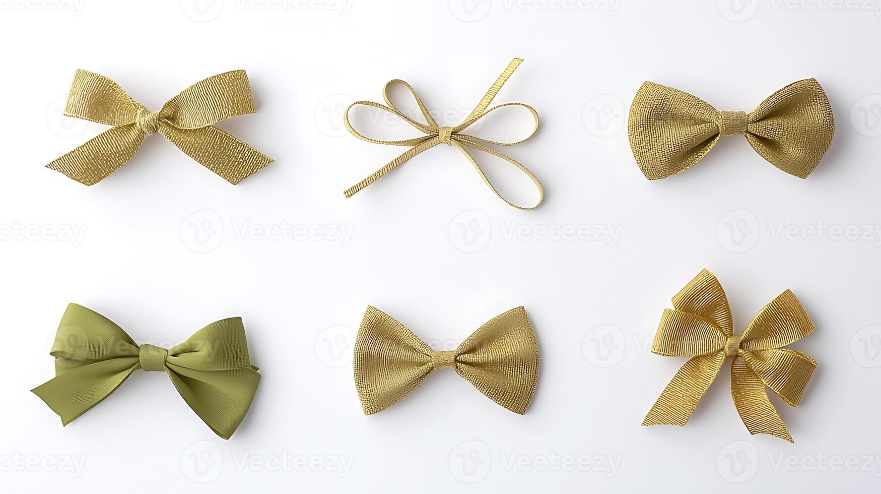 Collection of various gold and green decorative bows arranged aesthetically on a clean background photo