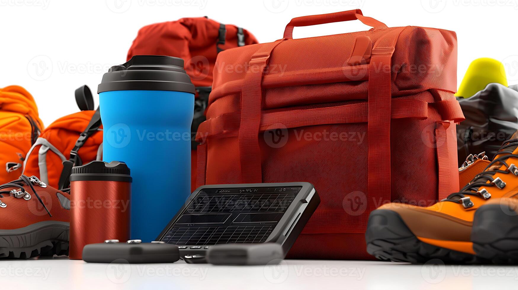 Collection of vibrant outdoor gear including backpacks, water bottles, and a tablet for adventure planning photo