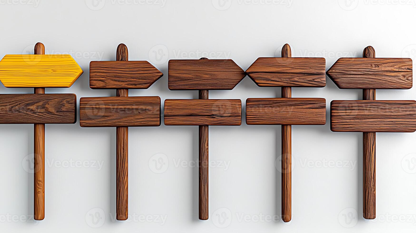 Collection of wooden directional signs in various shapes and sizes against a neutral background photo