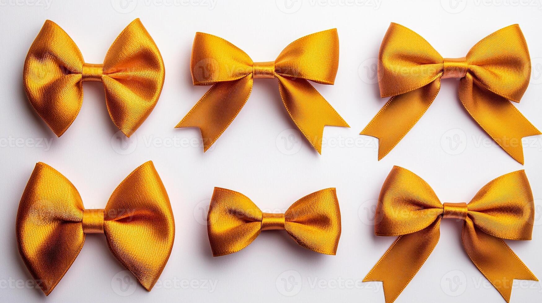 Collection of vibrant yellow satin bows arranged on a white background, showcasing various sizes and styles photo
