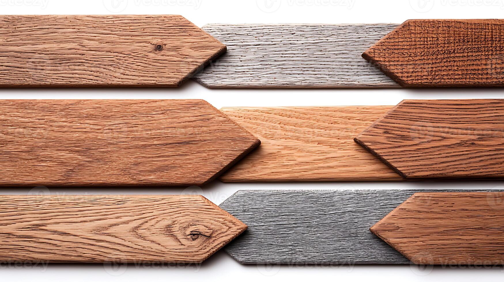 Collection of wooden planks in various colors and textures arranged in a geometric pattern photo