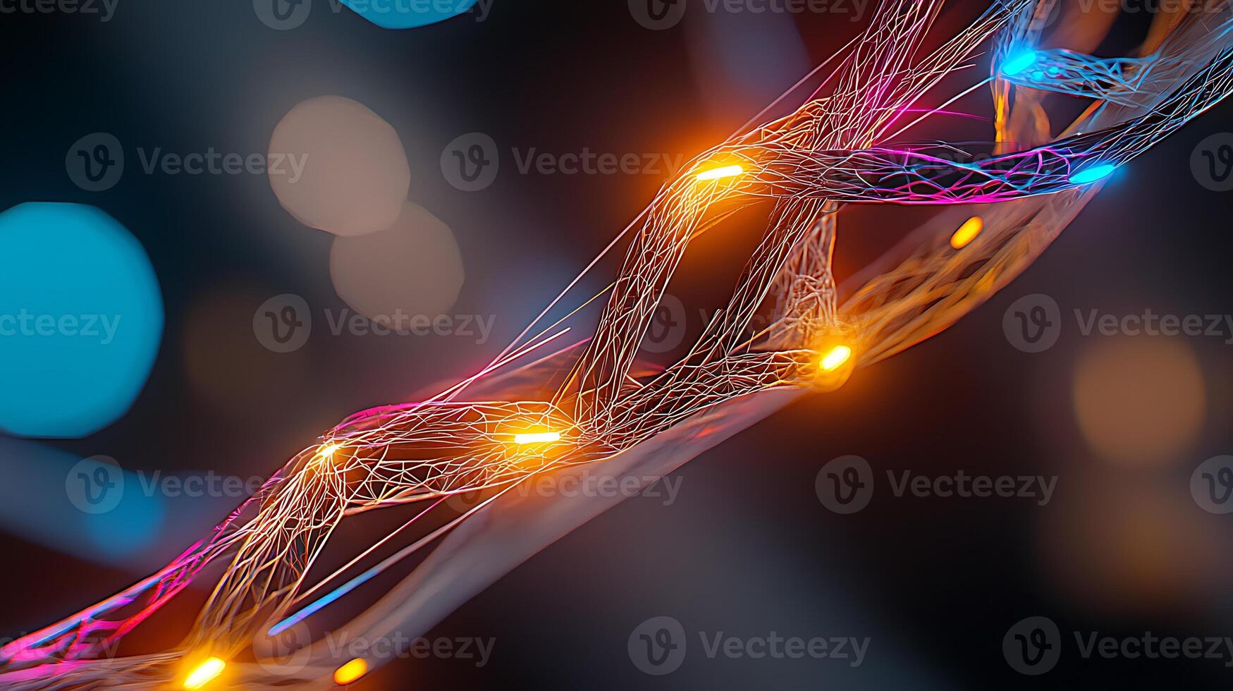 Colorful abstract representation of DNA strands illuminated with glowing lights in a dark background photo