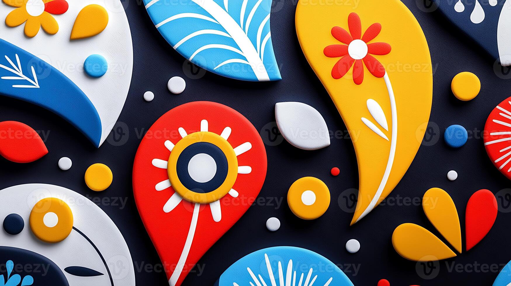 Colorful abstract shapes and patterns with floral designs on a dark background, suitable for decor photo