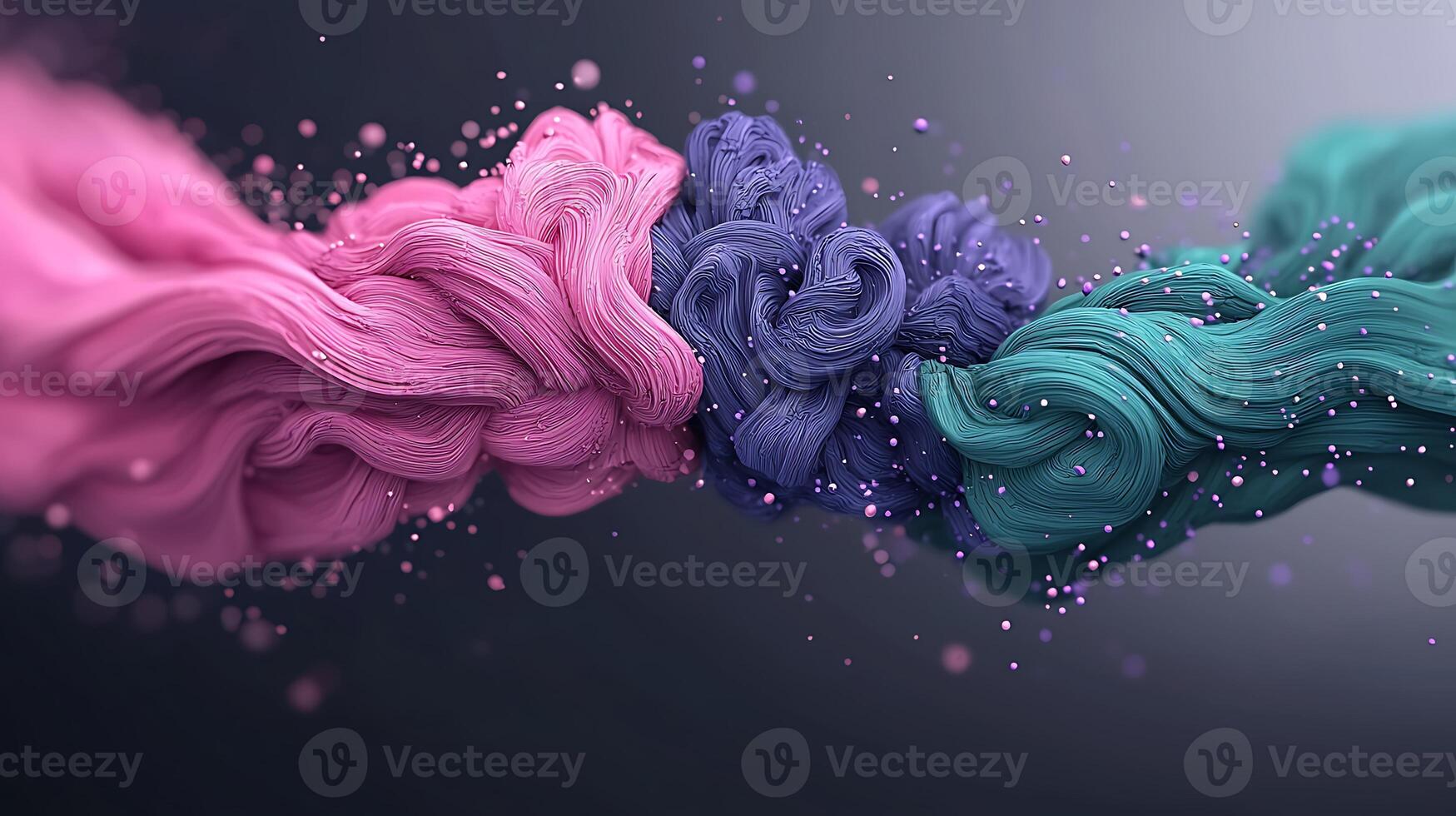 Colorful abstract swirl of pink, purple, and teal fibers with floating particles in a dynamic flow photo