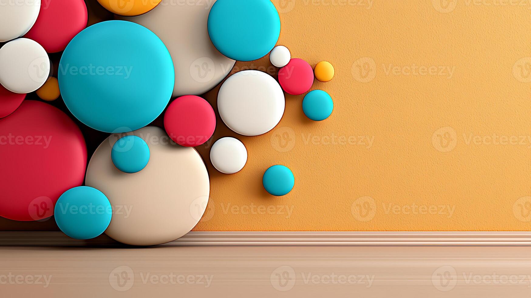 Colorful abstract wall design featuring circular shapes on a warm orange background photo