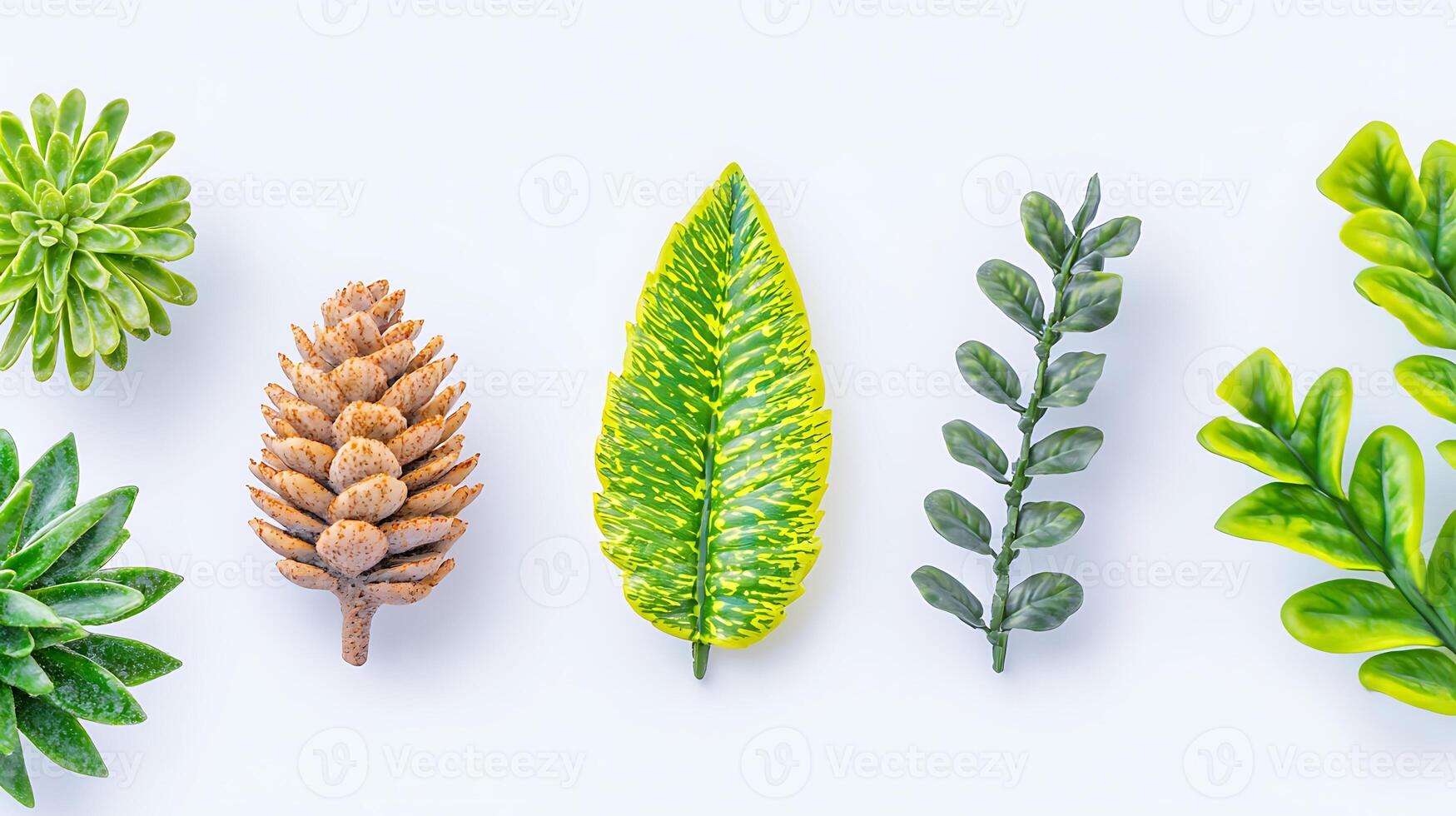 Colorful artificial leaves and pinecones arranged symmetrically on a light background photo