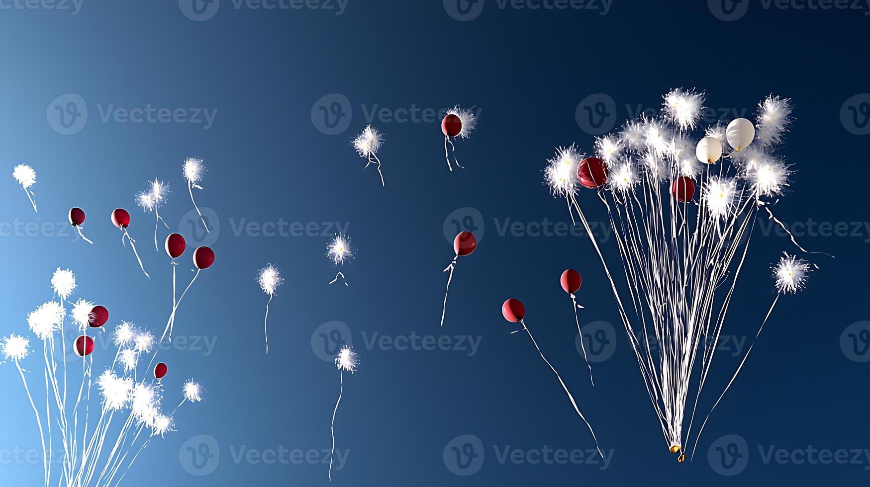 Colorful balloons ascend into a clear blue sky, sparkling with light, symbolizing celebration and joy photo