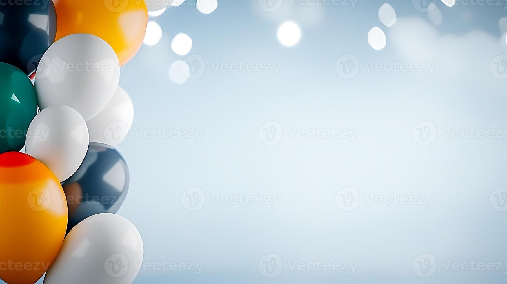 Colorful balloons in a festive arrangement against a soft blue background with bokeh lights photo