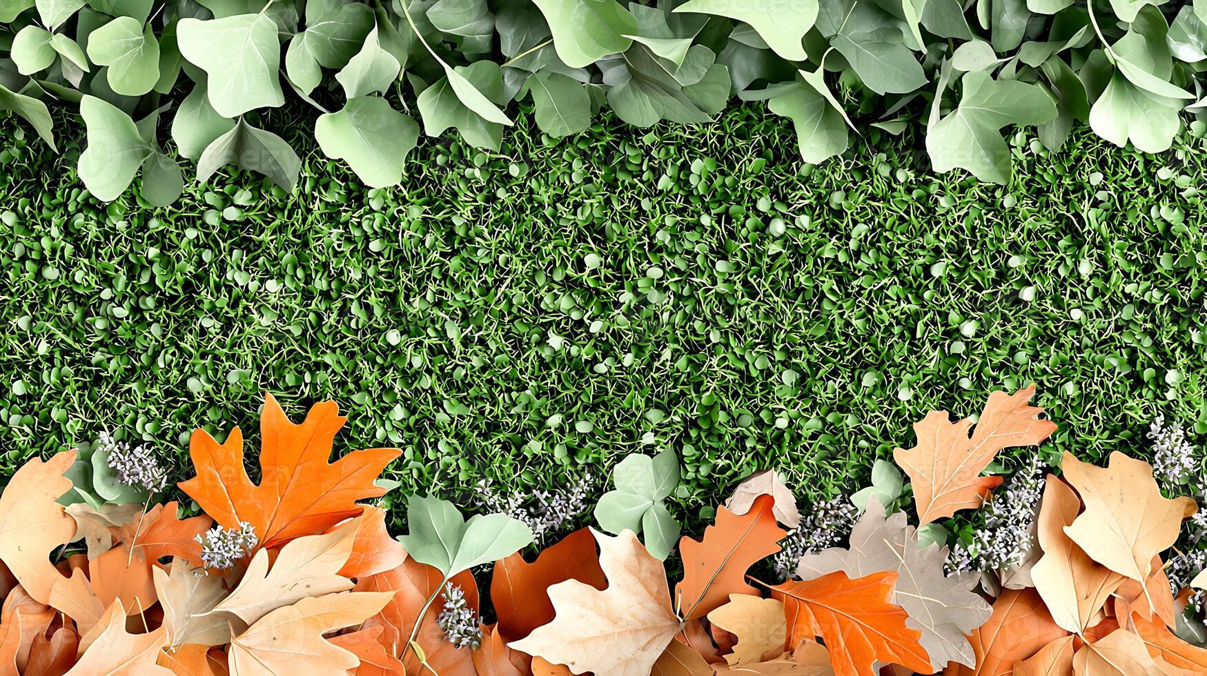 Colorful autumn leaves scattered on vibrant green grass with subtle foliage in the background photo