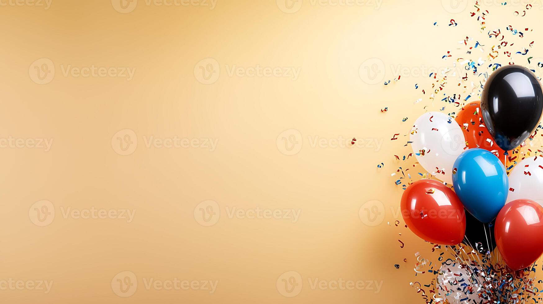 Colorful balloons with confetti against a warm yellow background, ideal for celebrations photo
