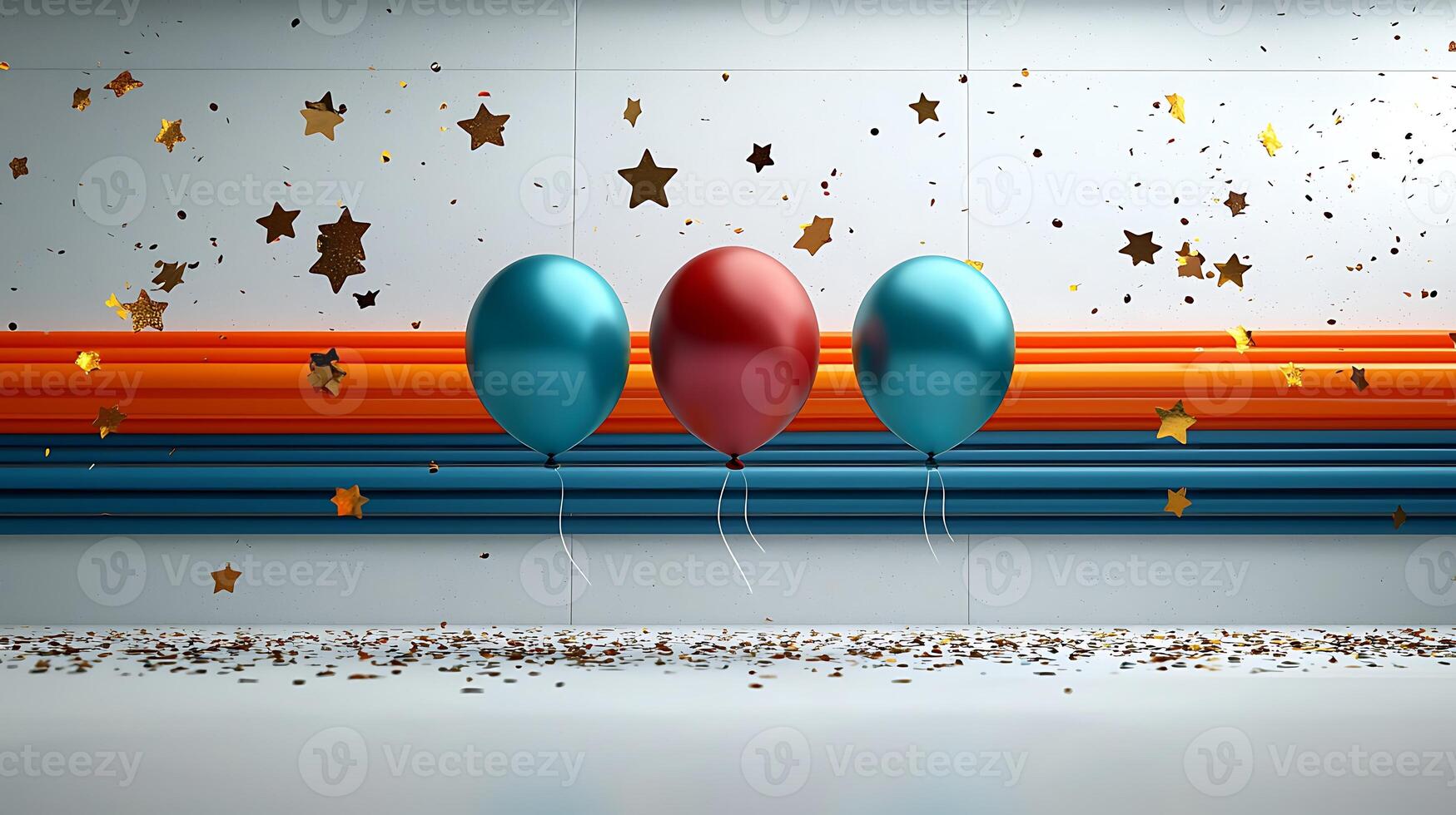 Colorful balloons in a festive setting with confetti and stars on a decorated wall photo