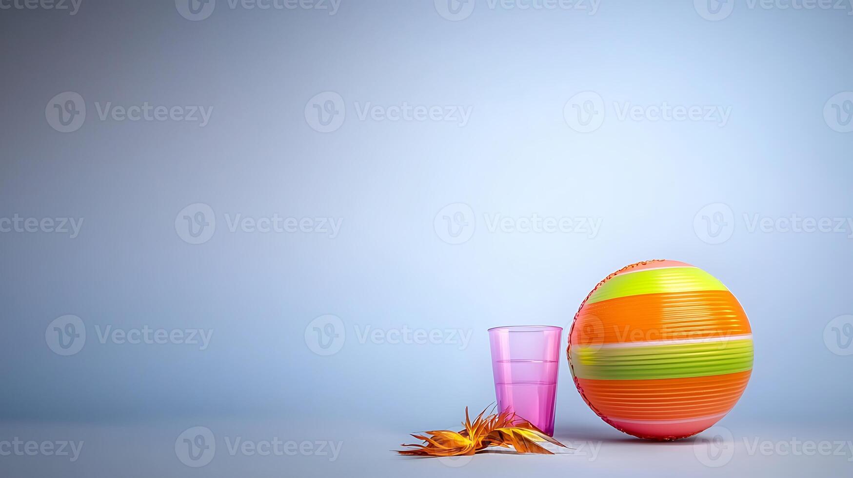 Colorful beach ball and pink cup on a soft background with tropical leaves for summer vibes photo